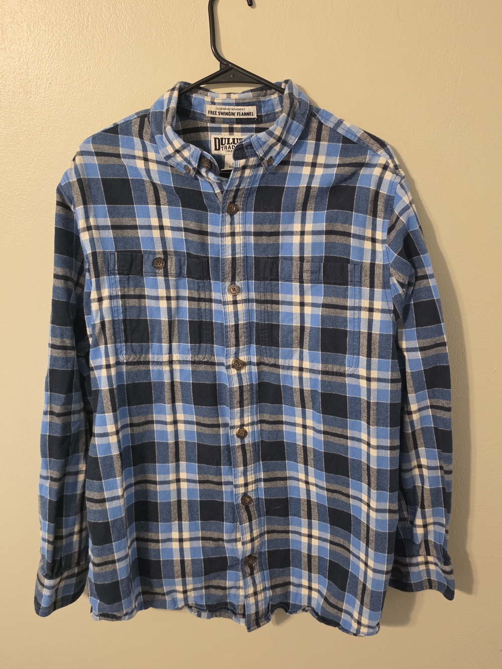 Duluth Trading Co Blue and White Plaid Casual Button-Down Shirt